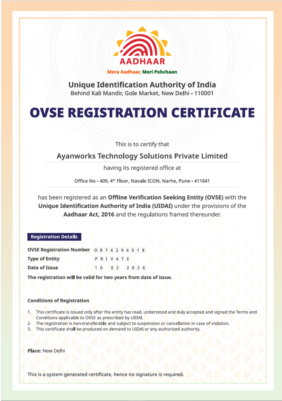 OVSE Certificate issued by UIDAI